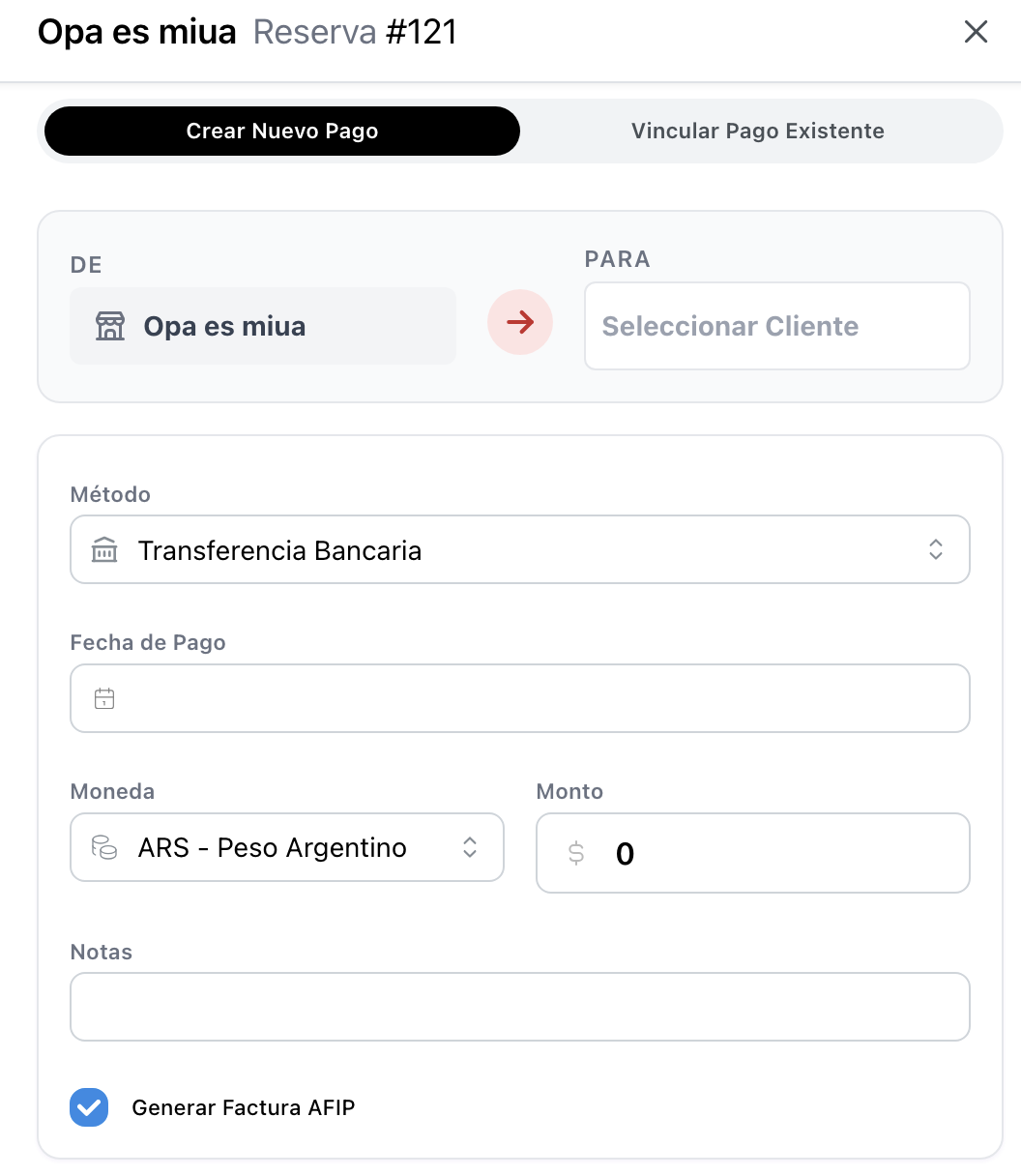 2. Formulario para registrar un nuevo cobro o transacción